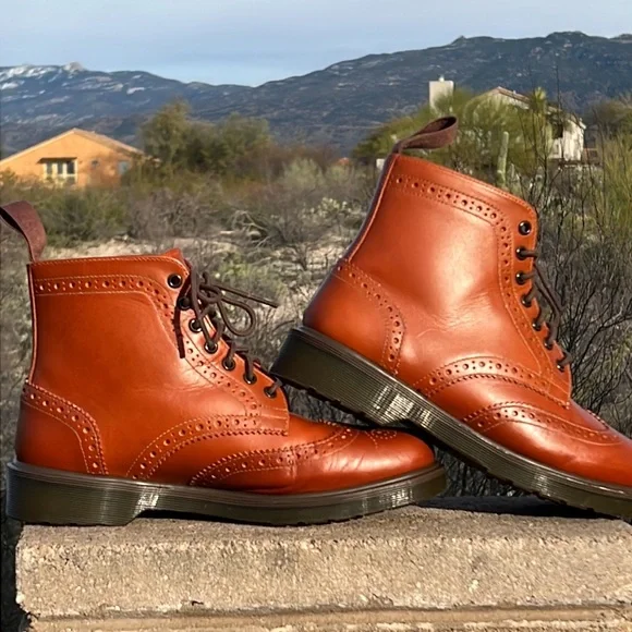 Dr. Martens Affleck Cognac Brogue Wingtip 7 Eye Lace Up Boots - Picture 9 of 17